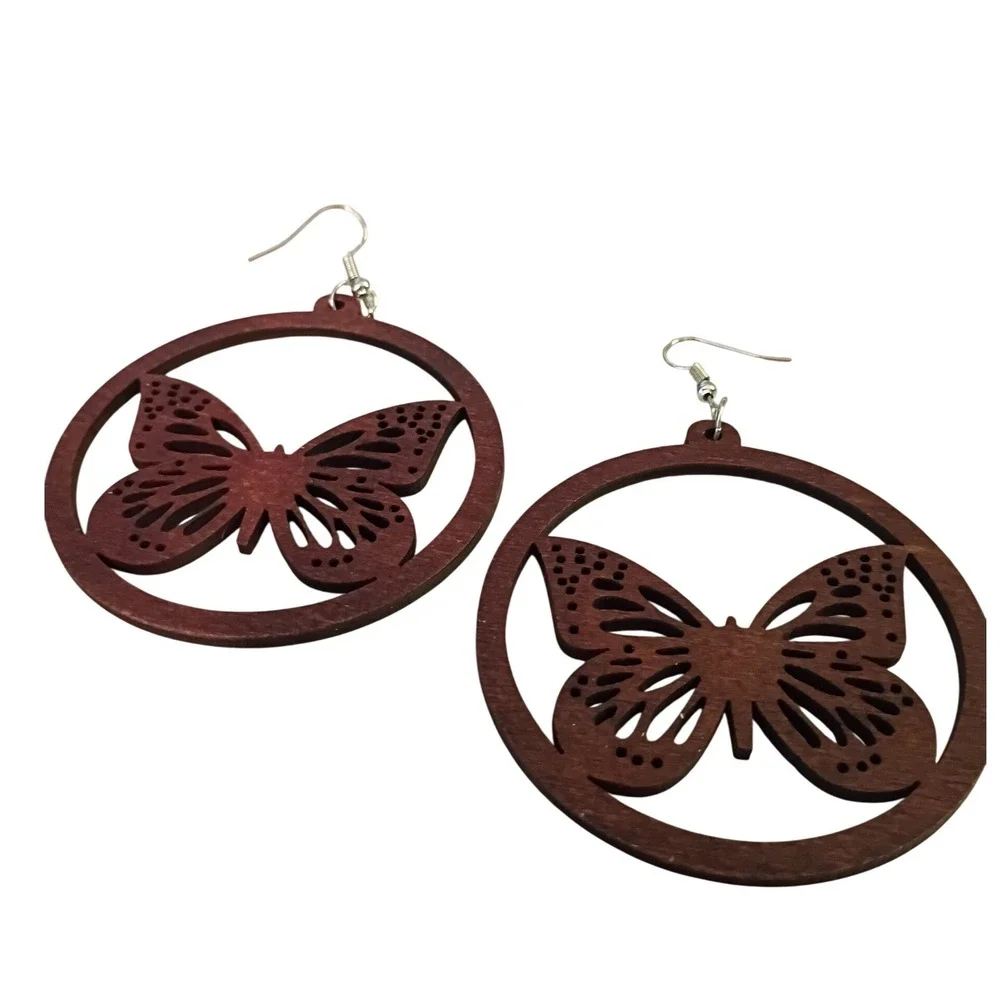 Wooden Butterfly Circle Drop Earrings Laser Cut Boho Mahogany‎ Brown Dangle